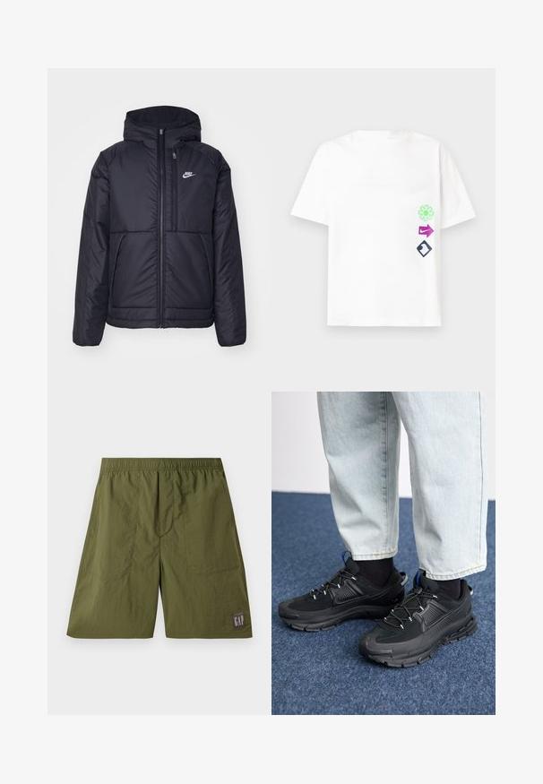 Sort, polstret Nike-jakke med frontlynlås og hætte. Har et hvidt logo på venstre bryst og to frontlommer. Glat ydre tekstur.; Hvid kortærmet t-shirt med en afslappet pasform, der viser tre farverige grafiske designs: grøn blomst, lilla pil og sort diamantform.; Grønne nylon shorts med elastisk talje, to sidelommer og et lapmærke med "GAP" i hvidt på en mørkegrå baggrund.; Sorte træningssko med tekstureret stof og gummisåler, udstyret med elastiske snørebånd og en blå detalje på hælen. Bæres med lyse denimbukser.