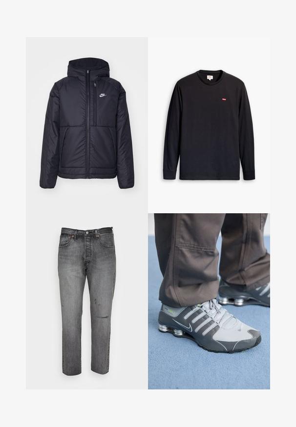 Casaco Nike preto, acolchoado, com fecho à frente e capuz. Apresenta um logo branco no lado esquerdo do peito e dois bolsos frontais. Textura exterior lisa.; Camiseta preta de manga comprida em algodão. Apresenta decote redondo e um pequeno logótipo vermelho no peito. Textura lisa, corte standard.; Levi's® 501® 93 CROP - Calças de ganga de perna direita - soul rebel; Ténis Nike Shox cinza e prata apresentam um design elegante, com materiais em malha e sintéticos, ponta arredondada e colarinho acolchoado.