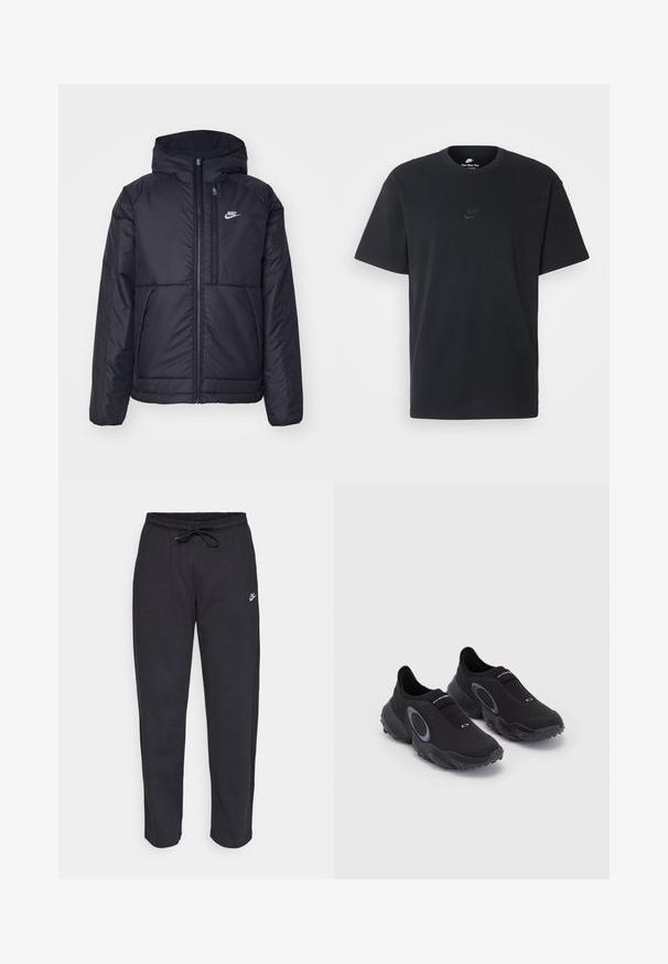 Schwarze, gepolsterte Nike-Jacke mit Frontreißverschluss und Kapuze. Hat ein weißes Logo auf der linken Brust und zwei Fronttaschen. Glattes äußeres Material.; Schwarzes Baumwoll-T-Shirt von Nike mit klassischem Rundhalsausschnitt, kurzen Ärmeln und einem dezenten, geprägten Logo auf der Brust. Glatte Textur.; Schwarze Sweatpants aus weichem Stoff mit elastischem Bund, Kordelzug und kleinem Nike-Logo auf dem linken Oberschenkel.; Schwarze Slipper mit strukturiertem Obermaterial und Gummisohle. Sie verfügen über einen grauen, runden Akzent und ein elastisches Band über dem Spann für einen besseren Sitz.