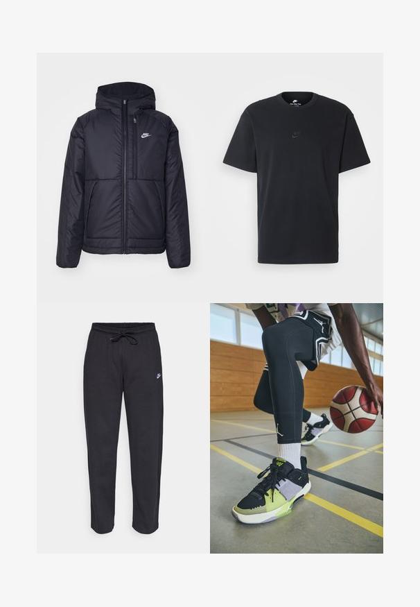 Černá zateplená bunda Nike s předním zipem a kapucí. Na levé straně hrudi má bílé logo a dvojité přední kapsy. Hladký povrch.; Černé bavlněné tričko Nike s klasickým kulatým výstřihem, krátkými rukávy a decentně vyraženým logem na hrudi. Hladký povrch.; Černé tepláky vyrobené z měkké tkaniny s elastickým pasem, šňůrkou na stažení a malým logem Nike na levém stehně.; Jordan JORDAN ONE TAKE 5 - Basketbalové boty - black/cyber/anthracite/coconut milk/cement grey