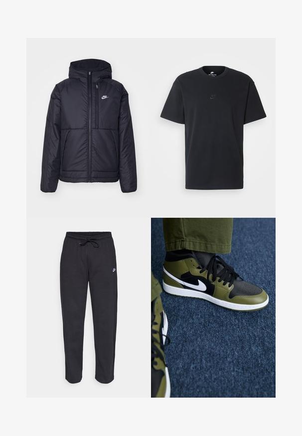 Casaco Nike preto, acolchoado, com fecho à frente e capuz. Apresenta um logo branco no lado esquerdo do peito e dois bolsos frontais. Textura exterior lisa.; T-shirt de algodão preto da Nike com um clássico decote redondo, mangas curtas e um logótipo em relevo discreto no peito. Textura suave.; Calças de treino pretas feitas de tecido suave, com faixa elástica na cintura, cordão regulador e um pequeno logótipo da Nike na coxa esquerda.; Sapatilhas de cano alto com painéis de pele verde-oliva, preto e branco. Apresentam biqueira perfurada, atacadores pretos e sola de borracha branca.