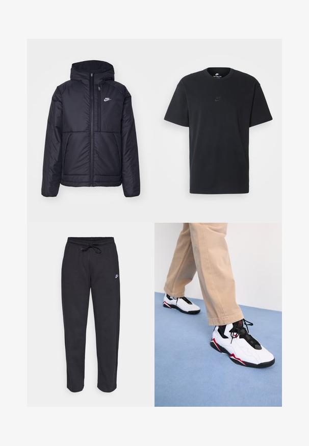 Black, padded Nike jacket with a front zipper and hood. Features a white logo on the left chest and dual front pockets. Smooth exterior texture.; Nike black cotton t-shirt with a classic crew neck, short sleeves, and a subtle, embossed logo on the chest. Smooth texture.; Black sweatpants made of soft fabric with an elastic waistband, drawstring, and a small Nike logo on the left thigh.; White athletic sneakers with black and red accents, featuring a smooth upper and textured mesh, paired with light beige pants.