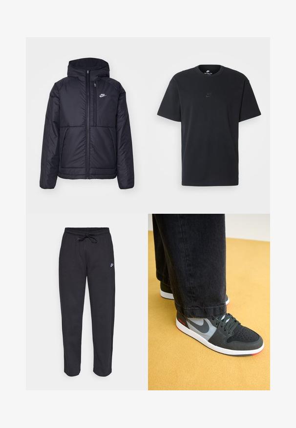 Black, padded Nike jacket with a front zipper and hood. Features a white logo on the left chest and dual front pockets. Smooth exterior texture.; Nike black cotton t-shirt with a classic crew neck, short sleeves, and a subtle, embossed logo on the chest. Smooth texture.; Black sweatpants made of soft fabric with an elastic waistband, drawstring, and a small Nike logo on the left thigh.; Dark green Nike sneakers with grey accents, featuring a textured upper, GORE-TEX branding, white sole, and red detail on the heel.