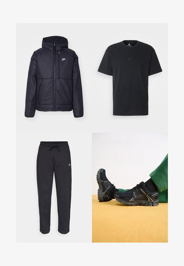Black, padded Nike jacket with a front zipper and hood. Features a white logo on the left chest and dual front pockets. Smooth exterior texture.; Nike black cotton t-shirt with a classic crew neck, short sleeves, and a subtle, embossed logo on the chest. Smooth texture.; Black sweatpants made of soft fabric with an elastic waistband, drawstring, and a small Nike logo on the left thigh.; Black athletic shoes with mesh upper, textured midsole, and rubber outsole. Features reflective accents and a structured design.