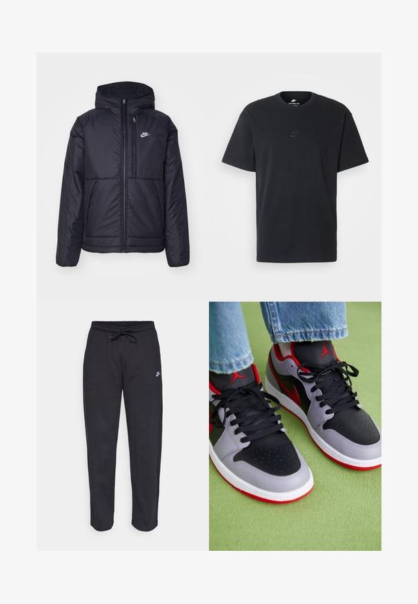 Black, padded Nike jacket with a front zipper and hood. Features a white logo on the left chest and dual front pockets. Smooth exterior texture.; Nike black cotton t-shirt with a classic crew neck, short sleeves, and a subtle, embossed logo on the chest. Smooth texture.; Black sweatpants made of soft fabric with an elastic waistband, drawstring, and a small Nike logo on the left thigh.; Gray and black athletic shoes with red accents. Features perforated toe box, flat laces, and rubber outsole. Styled with jeans on green surface.