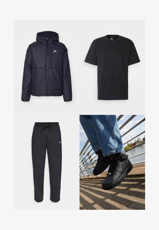Μαύρο, επενδυμένο μπουφάν Nike με μπροστινό φερμουάρ και κουκούλα. Διαθέτει λευκό λογότυπο στο αριστερό στήθος και διπλές μπροστινές τσέπες. Λείο εξωτερικό υλικό.; Μαύρη βαμβακερή μπλούζα Nike με κλασικό στρογγυλό λαιμό, κοντά μανίκια και μια διακριτική, ανάγλυφη λογότυπο στο στήθος. Λείο ύφασμα.; Μαύρες φόρμες από μαλακό ύφασμα με ελαστική μέση, κορδόνι και μικρό λογότυπο Nike στο αριστερό μηρό.; Μαύρα αθλητικά παπούτσια Nike Air Force 1 με δερμάτινη επένδυση, διχτυωτή γλώσσα και καουτσούκ σόλα, με ψηλή σχεδίαση και χοντρά κορδόνια.