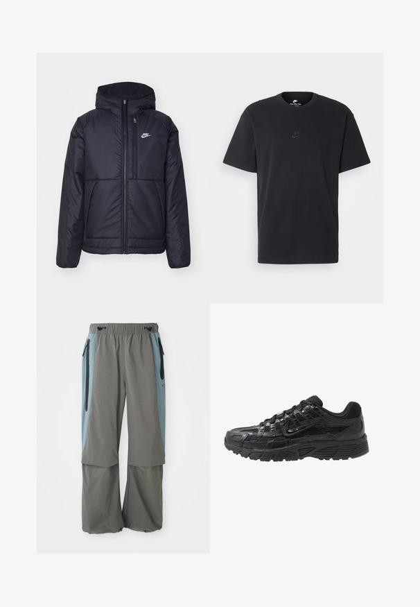 Must musta Nike jope, millel on ees lukuga avamine ja kapuuts. Vasakpoolne rind on kaunistatud valge logoga ning ees on kaks taskut. Sile välimine tekstuur.; Nike musta mustast puuvillast T-särk klassikalise ümmarguse kaelusega, lühikeste varrukatega ja õrna, reljeefse logoga rinnal. Sile tekstuur.; Hallid hallid välispüksid laia jala lõikega, tume sinine külgpaneel ja lukuga taskud. Valmistatud kergest ja hingavast materjalist.; Musthave tumejalanike, millel on võrk- ja sünteetiline ülemine osa, tekstuurne pind, nööriga kinnitamine ja mustriline kummist tall, mis tagab haarde.