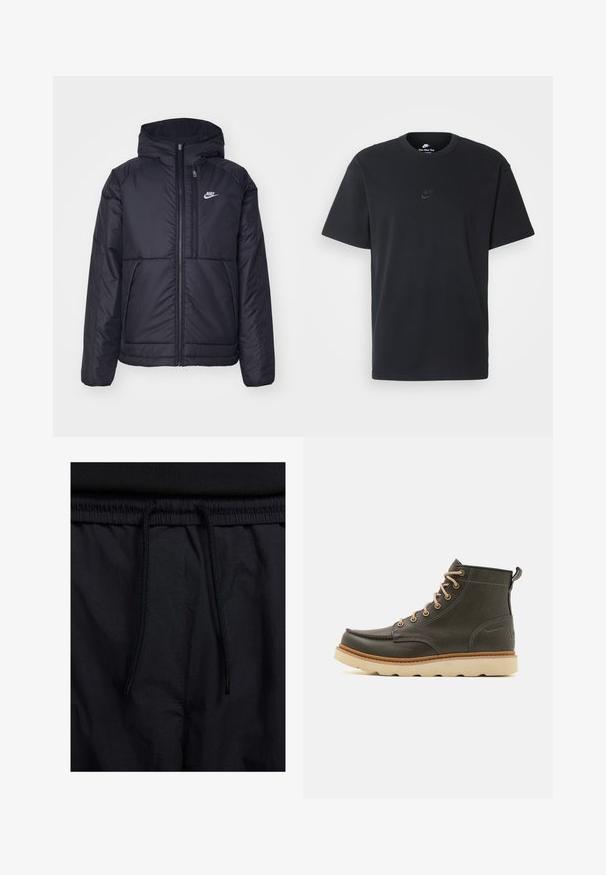 Fekete, párnázott Nike dzseki elülső cipzárral és kapucnival. A bal mellen fehér logó található, valamint két elülső zseb. Simának tűnő külső felület.; Fekete pamut póló Nike márkájú, klasszikus, kerek nyakú, rövid ujjú, és letisztult, dombornyomott logóval a mellkason. Simább textúra.; Fekete rövidnadrág, húzózsinórral ellátott derékrésszel, könnyű anyagból, sima felszínen, egyszerű dizájnnal, látható logók vagy minták nélkül.; Sötétzöld bőr bokacsizmák bézs fűzőkkel, párnázott gallérral és texturált gumitalppal. Vízálló jelölés és varrási részletek jellemzik.