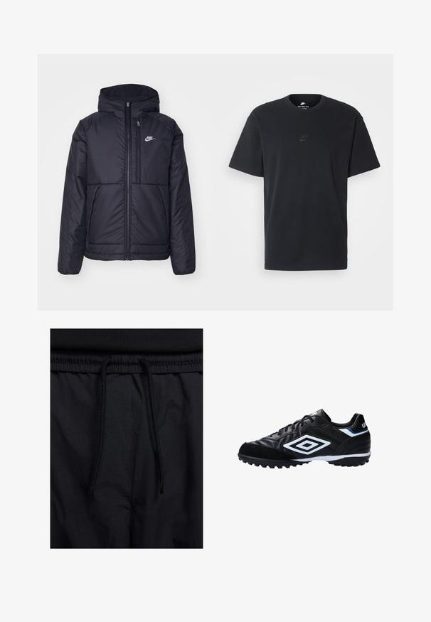 Černá zateplená bunda Nike s předním zipem a kapucí. Na levé straně hrudi má bílé logo a dvojité přední kapsy. Hladký povrch.; Černé bavlněné tričko Nike s klasickým kulatým výstřihem, krátkými rukávy a decentně vyraženým logem na hrudi. Hladký povrch.; Černé šortky s páskem na šňůrku, lehký materiál s hladkou texturou a jednoduchý design bez viditelných log nebo vzorů.; Černá fotbalová bota vyrobená z umělé kůže, s texturovaným svrškem, bílými a modrými akcenty, gumovou podešví se špunty pro lepší trakci.