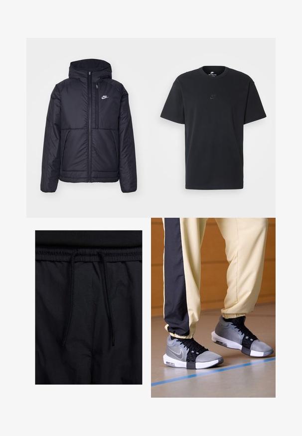 Juodas, paminkštintas Nike džemperis su priekyje užtrauktuku ir gobtuvu. Pasižymi balta logo kairėje krūtinės pusėje ir dviem priekinėmis kišenėmis. Su lygiu išoriniu paviršiumi.; Juodas medvilninis Nike marškinėliai su klasikinėmis apykaklėmis, trumpomis rankovėmis ir subtiliu, įspaustu logotipu ant krūtinės. Sklandus tekstūra.; Juodos šortai su raišteliu juosmens srityje, lengva medžiaga su lygiu paviršiumi ir paprastas dizainas be matomų logotipų ar raštų.; Pilkos ir juodos sportinės sportbačiai su tinklo ir tekstilės medžiagomis, su balta padanga ir raištelių uždarymu, dėvimi su geltonais ir juodais keliais.