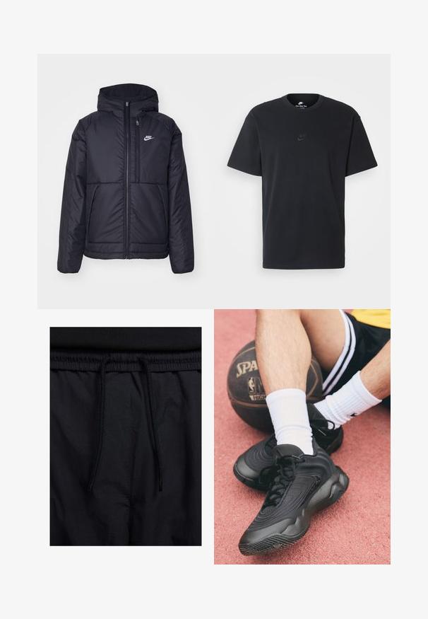 Must musta Nike jope, millel on ees lukuga avamine ja kapuuts. Vasakpoolne rind on kaunistatud valge logoga ning ees on kaks taskut. Sile välimine tekstuur.; Nike musta mustast puuvillast T-särk klassikalise ümmarguse kaelusega, lühikeste varrukatega ja õrna, reljeefse logoga rinnal. Sile tekstuur.; Mustad lühikesed püksid, millel on paelaga vöökoht, kerge kangas, mis on sileda tekstuuriga ning lihtne disain ilma nähtavate logode või mustriteta.; Mustad mustad jalatsid tekstuurse ülemise osaga ja kõveriku disainiga. Istub korvpalli peal, koos valgete ribadega sokkidega roosa pinna taustal.