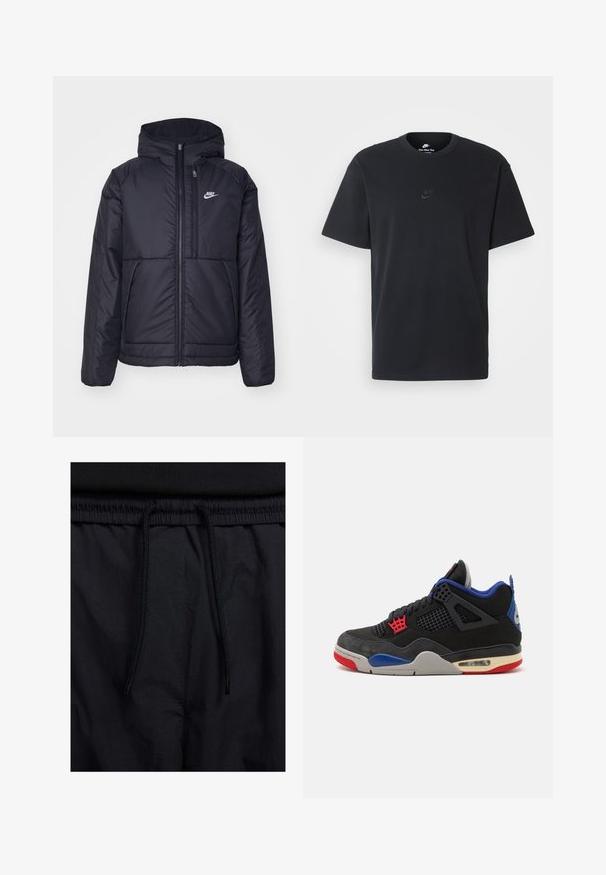 Fekete, párnázott Nike dzseki elülső cipzárral és kapucnival. A bal mellen fehér logó található, valamint két elülső zseb. Simának tűnő külső felület.; Fekete pamut póló Nike márkájú, klasszikus, kerek nyakú, rövid ujjú, és letisztult, dombornyomott logóval a mellkason. Simább textúra.; Fekete rövidnadrág, húzózsinórral ellátott derékrésszel, könnyű anyagból, sima felszínen, egyszerű dizájnnal, látható logók vagy minták nélkül.; Jordan AIR JORDAN 4 RETRO OG - Magas szárú sneakerek - black/fire red/deep royal blue/dark smoke grey/tech grey