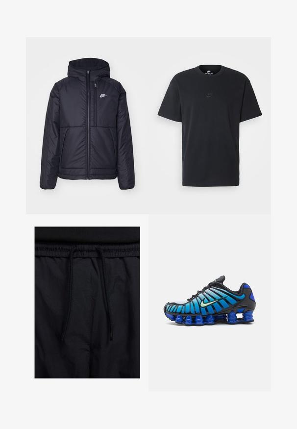 Casaco Nike preto, acolchoado, com fecho à frente e capuz. Apresenta um logo branco no lado esquerdo do peito e dois bolsos frontais. Textura exterior lisa.; T-shirt de algodão preto da Nike com um clássico decote redondo, mangas curtas e um logótipo em relevo discreto no peito. Textura suave.; Calções pretos com um cós elástico ajustável, fabricados em tecido leve com uma textura suave e um design simples, sem logótipos ou padrões visíveis.; Nike Sportswear SHOX TL - Sapatilhas - black/vapor green/racer blue