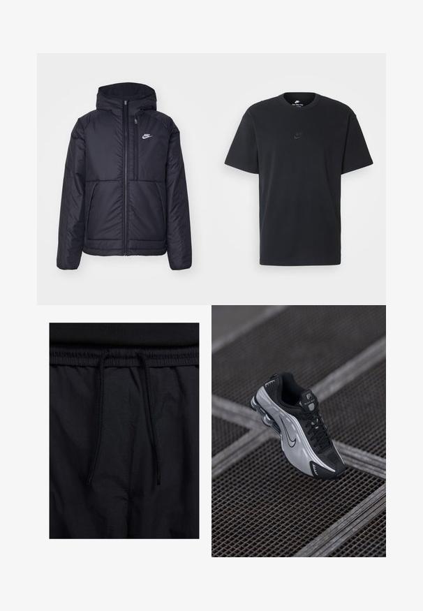Melna, pufota Nike jaka ar priekšējo rāvējslēdzēju un kapuci. Iezīmēta ar baltu logotipu uz kreisās krūtis un divām priekšējām kabatām. Gluda ārējā tekstūra.; Nike melns kokvilnas T-krekls ar klasisku piegriezumu, īsām piedurknēm un smalku, reljefu logotipu uz krūškurvja. Gluda tekstūra.; Melni šorti ar sašūtu jostu, viegls audums ar gludu tekstūru un vienkāršs dizains bez redzamiem logotipiem vai paraugiem.; Nike sporta apavi ar melnu un sudraba dizainu. Izgatavoti no sintētiskā materiāla ar sieta akcentiem un atbalstošu zoli ar redzamu gaisa amortizāciju.