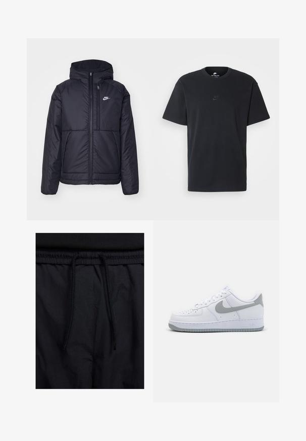 Juodas, paminkštintas Nike džemperis su priekyje užtrauktuku ir gobtuvu. Pasižymi balta logo kairėje krūtinės pusėje ir dviem priekinėmis kišenėmis. Su lygiu išoriniu paviršiumi.; Juodas medvilninis Nike marškinėliai su klasikinėmis apykaklėmis, trumpomis rankovėmis ir subtiliu, įspaustu logotipu ant krūtinės. Sklandus tekstūra.; Juodos šortai su raišteliu juosmens srityje, lengva medžiaga su lygiu paviršiumi ir paprastas dizainas be matomų logotipų ar raštų.; Baltos odinės sportinės bateliai su pilku Swoosh logotipu, perforuota nosimi ir gumuotu padu su tekstūra. Trumpas kulkšnies aukštis.