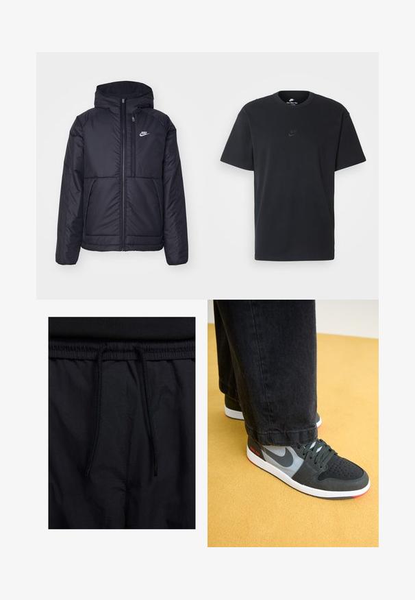 Black, padded Nike jacket with a front zipper and hood. Features a white logo on the left chest and dual front pockets. Smooth exterior texture.; Nike black cotton t-shirt with a classic crew neck, short sleeves, and a subtle, embossed logo on the chest. Smooth texture.; Black shorts featuring a drawstring waistband, lightweight fabric with a smooth texture, and a simple design without visible logos or patterns.; Dark green Nike sneakers with grey accents, featuring a textured upper, GORE-TEX branding, white sole, and red detail on the heel.