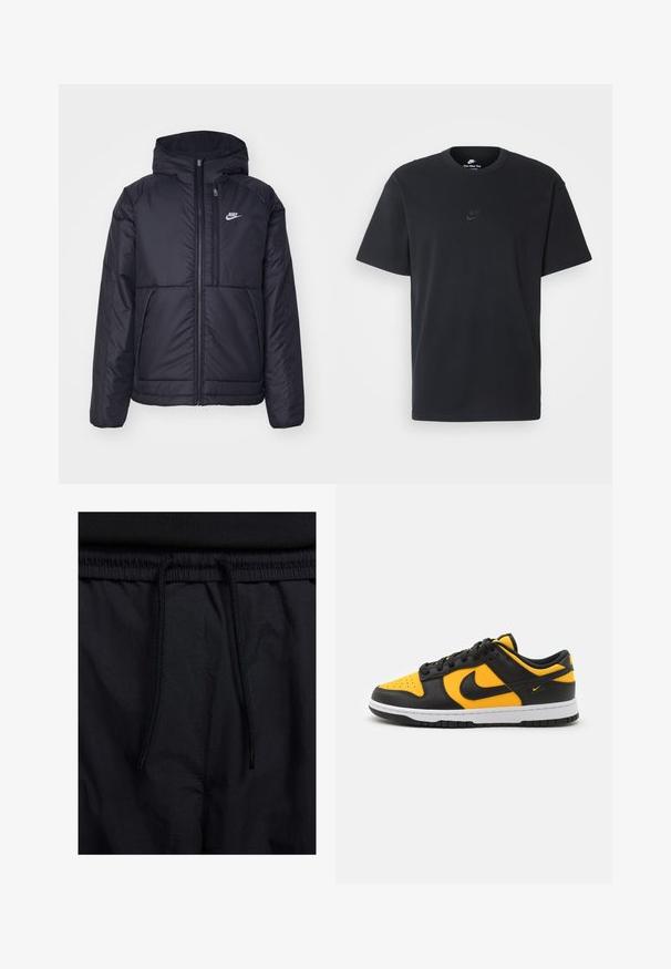 Black, padded Nike jacket with a front zipper and hood. Features a white logo on the left chest and dual front pockets. Smooth exterior texture.; Nike black cotton t-shirt with a classic crew neck, short sleeves, and a subtle, embossed logo on the chest. Smooth texture.; Black shorts featuring a drawstring waistband, lightweight fabric with a smooth texture, and a simple design without visible logos or patterns.; Black and yellow Nike Dunk sneakers with leather upper, perforated toe box, and white midsole; features laces and logo accents.