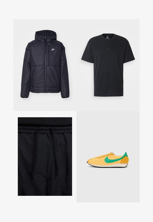 Casaco Nike preto, acolchoado, com fecho à frente e capuz. Apresenta um logo branco no lado esquerdo do peito e dois bolsos frontais. Textura exterior lisa.; T-shirt de algodão preto da Nike com um clássico decote redondo, mangas curtas e um logótipo em relevo discreto no peito. Textura suave.; Calções pretos com um cós elástico ajustável, fabricados em tecido leve com uma textura suave e um design simples, sem logótipos ou padrões visíveis.; Ténis Nike com parte superior em malha amarela, detalhes em verde e calcanhar em camurça. Cores brancas nos atacadores, entressola bege e sola exterior preta texturizada.