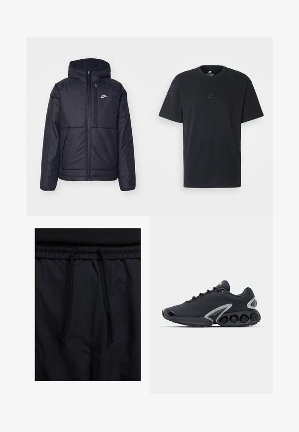 Casaco Nike preto, acolchoado, com fecho à frente e capuz. Apresenta um logo branco no lado esquerdo do peito e dois bolsos frontais. Textura exterior lisa.; T-shirt de algodão preto da Nike com um clássico decote redondo, mangas curtas e um logótipo em relevo discreto no peito. Textura suave.; Calções pretos com um cós elástico ajustável, fabricados em tecido leve com uma textura suave e um design simples, sem logótipos ou padrões visíveis.; Tênis athletic pretos com um acabamento texturizado, bico arredondado e sola distinta com vários detalhes circulares. Detalhes em metal prateado.