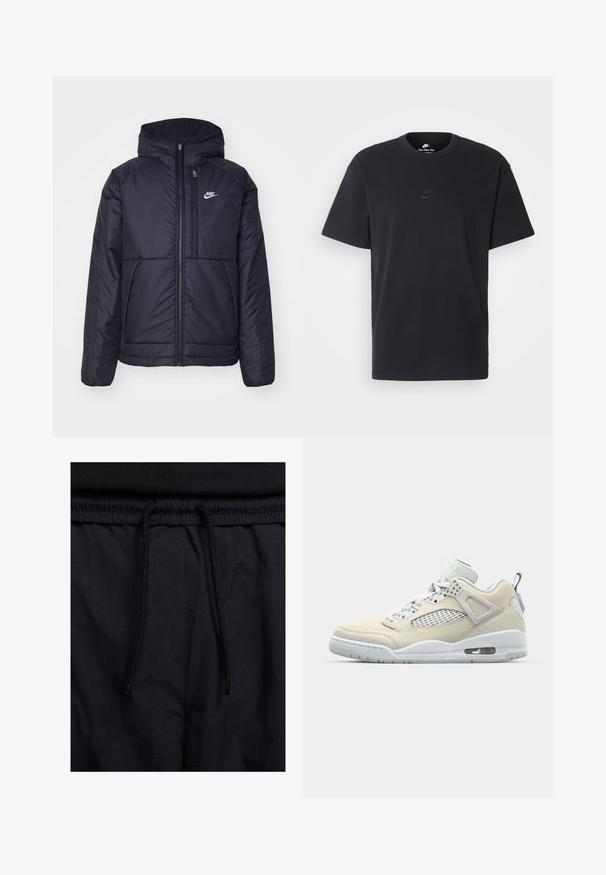 Svart, vadderad Nike-jacka med dragkedja framtill och huva. Har en vit logotyp på vänster bröst och dubbla framfickor. Slät yttextur.; Svart t-shirt i bomull från Nike med klassisk rund halsringning, korta ärmar och en diskret, präglad logotyp på bröstet. Slät textur.; Svarta shorts med dragsko i midjan, lättviktig tyg med en slät yta och en enkel design utan synliga logotyper eller mönster.; Ljusbeige högsko med vita accenter, slät läderöverdel, nätdetaljer, runda snören och synlig luftdämpning i sulan.