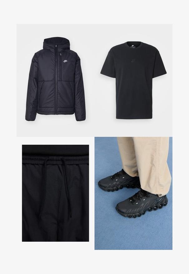 Fekete, párnázott Nike dzseki elülső cipzárral és kapucnival. A bal mellen fehér logó található, valamint két elülső zseb. Simának tűnő külső felület.; Fekete pamut póló Nike márkájú, klasszikus, kerek nyakú, rövid ujjú, és letisztult, dombornyomott logóval a mellkason. Simább textúra.; Fekete rövidnadrág, húzózsinórral ellátott derékrésszel, könnyű anyagból, sima felszínen, egyszerű dizájnnal, látható logók vagy minták nélkül.; Fekete sportcipők texturált felsőrésszel, ívelt talppal és jellegzetes légpárnákkal az alján. Fűzővel és fényvisszaverő elemekkel rendelkezik.