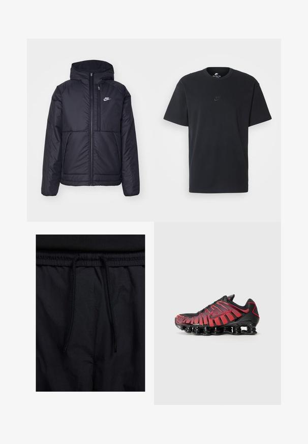 Svart, vadderad Nike-jacka med dragkedja framtill och huva. Har en vit logotyp på vänster bröst och dubbla framfickor. Slät yttextur.; Svart t-shirt i bomull från Nike med klassisk rund halsringning, korta ärmar och en diskret, präglad logotyp på bröstet. Slät textur.; Svarta shorts med dragsko i midjan, lättviktig tyg med en slät yta och en enkel design utan synliga logotyper eller mönster.; Svarta och röda träningsskor har en ovandel i mesh med vertikala ränder och en vadderad krage, stödd av en distinkt, segmenterad sula.