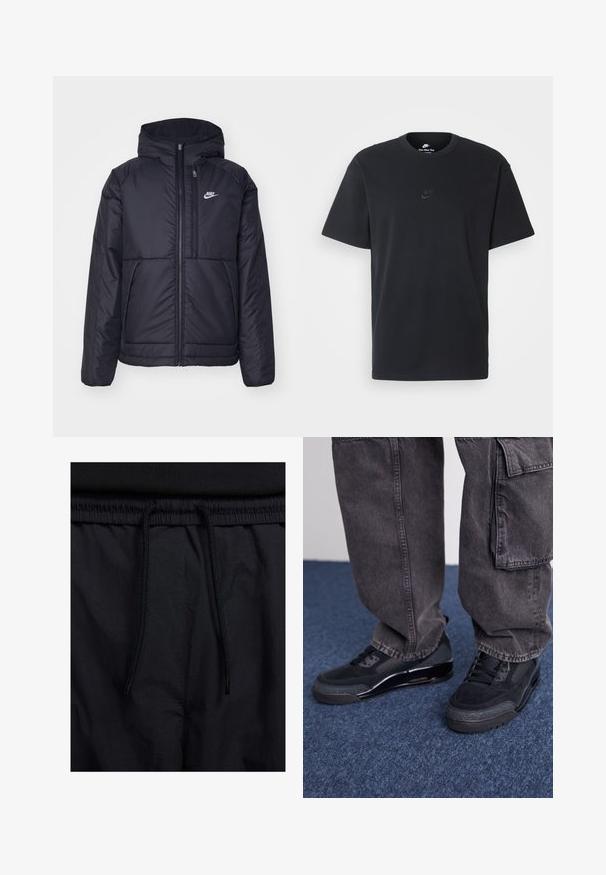 Fekete, párnázott Nike dzseki elülső cipzárral és kapucnival. A bal mellen fehér logó található, valamint két elülső zseb. Simának tűnő külső felület.; Fekete pamut póló Nike márkájú, klasszikus, kerek nyakú, rövid ujjú, és letisztult, dombornyomott logóval a mellkason. Simább textúra.; Fekete rövidnadrág, húzózsinórral ellátott derékrésszel, könnyű anyagból, sima felszínen, egyszerű dizájnnal, látható logók vagy minták nélkül.; Fekete sportcipők, texturált felülettel, sima kiegészítőkkel és vastag talppal, melyeket laza, sötét cargo nadrággal viselnek.