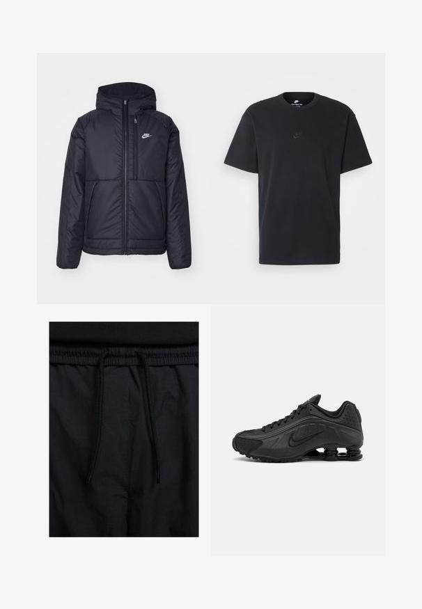 Juodas, paminkštintas Nike džemperis su priekyje užtrauktuku ir gobtuvu. Pasižymi balta logo kairėje krūtinės pusėje ir dviem priekinėmis kišenėmis. Su lygiu išoriniu paviršiumi.; Juodas medvilninis Nike marškinėliai su klasikinėmis apykaklėmis, trumpomis rankovėmis ir subtiliu, įspaustu logotipu ant krūtinės. Sklandus tekstūra.; Juodos šortai su raišteliu juosmens srityje, lengva medžiaga su lygiu paviršiumi ir paprastas dizainas be matomų logotipų ar raštų.; Juodi bėgimo bateliai su lygiu sintetiniu paviršiumi, perforuotomis detalėmis, tekstūruotais šonų skydeliais ir išskirtiniu elastingu padu.