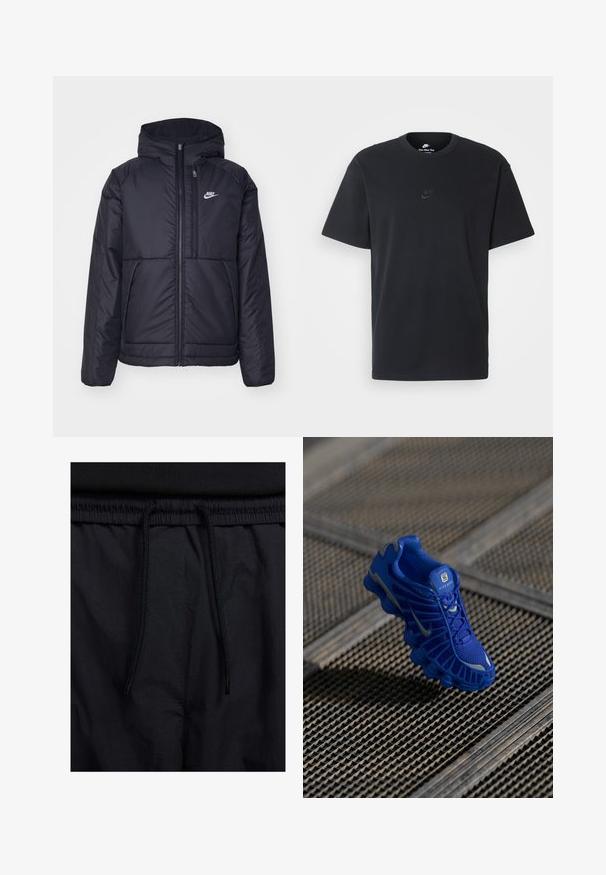 Casaco Nike preto, acolchoado, com fecho à frente e capuz. Apresenta um logo branco no lado esquerdo do peito e dois bolsos frontais. Textura exterior lisa.; T-shirt de algodão preto da Nike com um clássico decote redondo, mangas curtas e um logótipo em relevo discreto no peito. Textura suave.; Calções pretos com um cós elástico ajustável, fabricados em tecido leve com uma textura suave e um design simples, sem logótipos ou padrões visíveis.; Sapatilha atlética azul com parte superior em malha, design texturizado e sola proeminente com elementos de amortecimento distintos e detalhes refletivos.