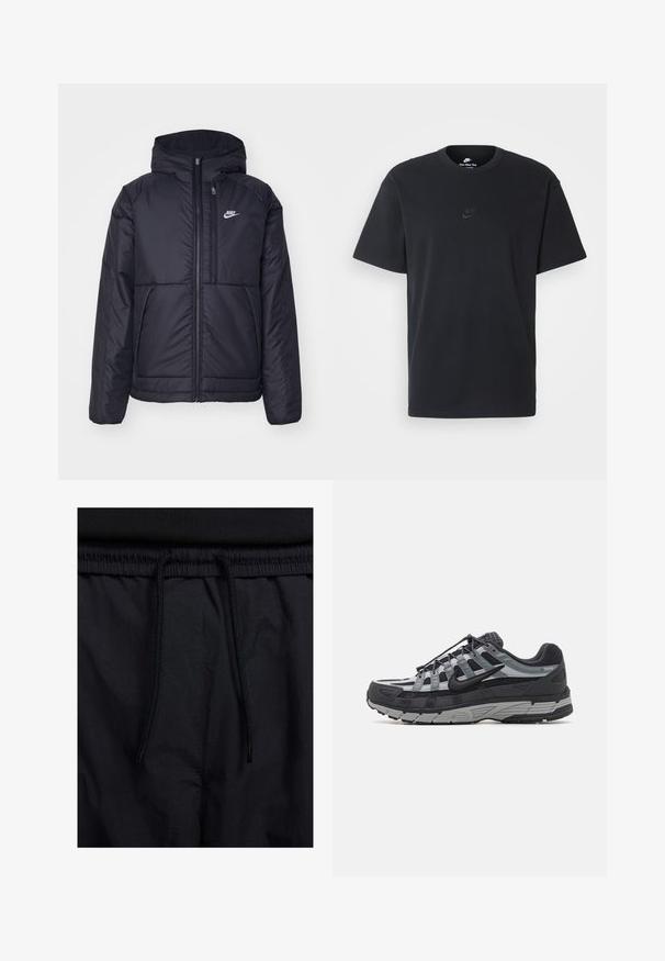 Black, padded Nike jacket with a front zipper and hood. Features a white logo on the left chest and dual front pockets. Smooth exterior texture.; Nike black cotton t-shirt with a classic crew neck, short sleeves, and a subtle, embossed logo on the chest. Smooth texture.; Black shorts featuring a drawstring waistband, lightweight fabric with a smooth texture, and a simple design without visible logos or patterns.; Nike P-6000 sneakers in black and gray mesh, featuring a textured upper, reflective accents, and a cushioned rubber sole with a ribbed pattern.