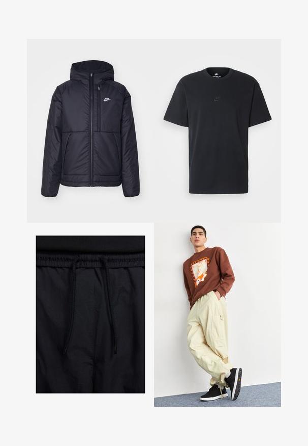Černá zateplená bunda Nike s předním zipem a kapucí. Na levé straně hrudi má bílé logo a dvojité přední kapsy. Hladký povrch.; Černé bavlněné tričko Nike s klasickým kulatým výstřihem, krátkými rukávy a decentně vyraženým logem na hrudi. Hladký povrch.; Černé šortky s páskem na šňůrku, lehký materiál s hladkou texturou a jednoduchý design bez viditelných log nebo vzorů.; Hnědá mikina se grafickým designem a srdíčky, spárovaná se světle béžovými cargo kalhotami s bočními kapsami a černými teniskami.