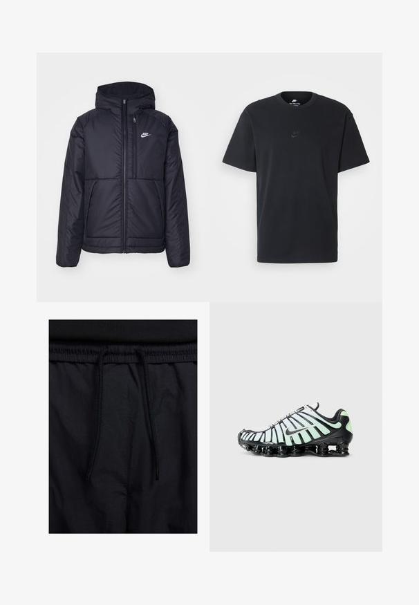 Casaco Nike preto, acolchoado, com fecho à frente e capuz. Apresenta um logo branco no lado esquerdo do peito e dois bolsos frontais. Textura exterior lisa.; T-shirt de algodão preto da Nike com um clássico decote redondo, mangas curtas e um logótipo em relevo discreto no peito. Textura suave.; Calções pretos com um cós elástico ajustável, fabricados em tecido leve com uma textura suave e um design simples, sem logótipos ou padrões visíveis.; Shoe desportivo Nike com um design em preto e verde menta, parte superior em malha com acabamentos curvos e uma sola de amortecimento preta proeminente.