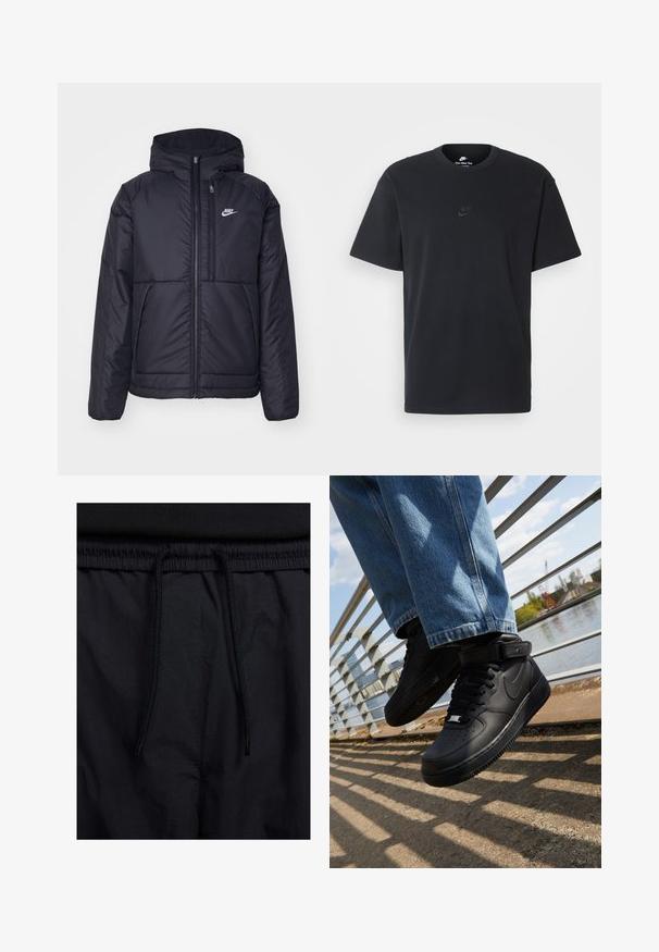 Svart, polstret Nike-jakke med frontglidelås og hette. Har en hvit logo på venstre bryst og doble frontlommer. Glatt ytterside.; Nike svart bomull T-skjorte med klassisk rund hals, korte ermer, og en subtil, preget logo på brystet. Glatt tekstur.; Sorte shorts med snor i livet, lett stoff med en jevn tekstur, og et enkelt design uten synlige logoer eller mønstre.; Sorte Nike Air Force 1 sneakers med skinnoverdel, mesh tunge og gummisåle, med høyt design og tykke snører.