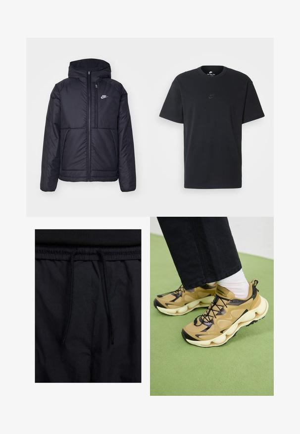 Svart, polstret Nike-jakke med frontglidelås og hette. Har en hvit logo på venstre bryst og doble frontlommer. Glatt ytterside.; Nike svart bomull T-skjorte med klassisk rund hals, korte ermer, og en subtil, preget logo på brystet. Glatt tekstur.; Sorte shorts med snor i livet, lett stoff med en jevn tekstur, og et enkelt design uten synlige logoer eller mønstre.; Brune og svarte joggesko med mesh-overdel, kraftig hvit såle, svarte lisser og en løfletapp. GORE-TEX-logoen er synlig på siden.