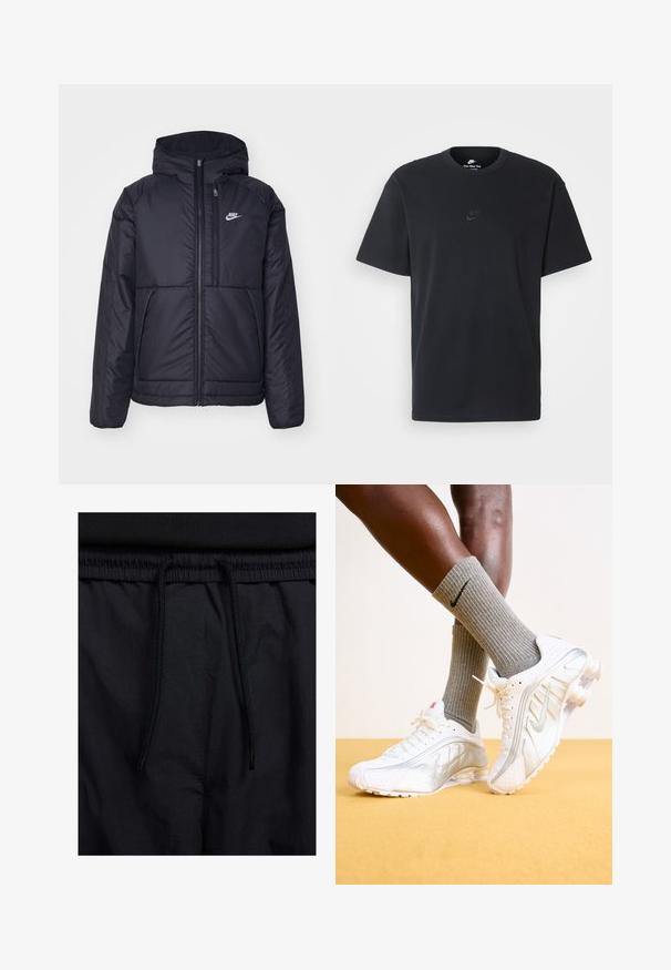 Black, padded Nike jacket with a front zipper and hood. Features a white logo on the left chest and dual front pockets. Smooth exterior texture.; Nike black cotton t-shirt with a classic crew neck, short sleeves, and a subtle, embossed logo on the chest. Smooth texture.; Black shorts featuring a drawstring waistband, lightweight fabric with a smooth texture, and a simple design without visible logos or patterns.; Nike sneakers in white with silver accents, featuring textured panels and perforations. Paired with gray ribbed socks, set against a yellow background.