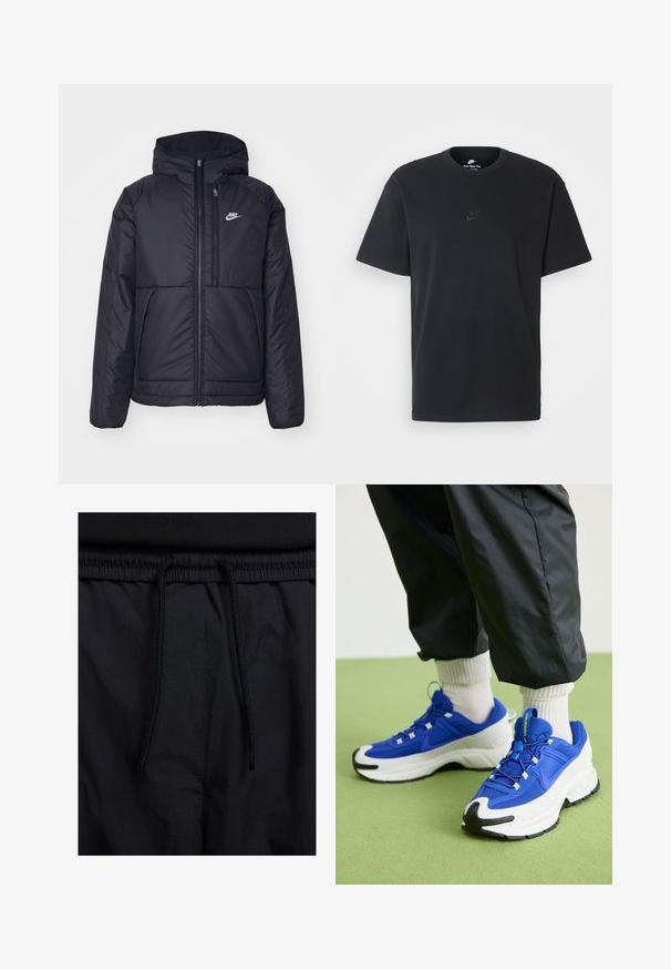 Black, padded Nike jacket with a front zipper and hood. Features a white logo on the left chest and dual front pockets. Smooth exterior texture.; Nike black cotton t-shirt with a classic crew neck, short sleeves, and a subtle, embossed logo on the chest. Smooth texture.; Black shorts featuring a drawstring waistband, lightweight fabric with a smooth texture, and a simple design without visible logos or patterns.; Blue and white athletic shoes with textured fabric, prominent rubber sole, and black accents. Features laces and a cushioning design.