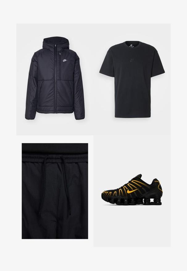 Melna, pufota Nike jaka ar priekšējo rāvējslēdzēju un kapuci. Iezīmēta ar baltu logotipu uz kreisās krūtis un divām priekšējām kabatām. Gluda ārējā tekstūra.; Nike melns kokvilnas T-krekls ar klasisku piegriezumu, īsām piedurknēm un smalku, reljefu logotipu uz krūškurvja. Gluda tekstūra.; Melni šorti ar sašūtu jostu, viegls audums ar gludu tekstūru un vienkāršs dizains bez redzamiem logotipiem vai paraugiem.; Melnas sporta kedas ar dzelteniem akcentiem, kurām ir elpojošs sieta augšdaļa, viļņveida dizains un izteikta mīksta zole.
