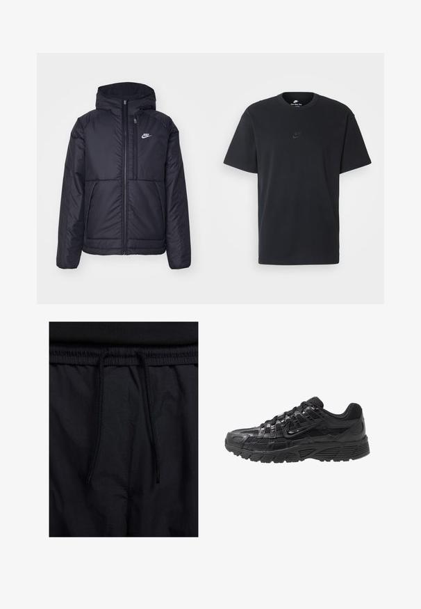 Černá zateplená bunda Nike s předním zipem a kapucí. Na levé straně hrudi má bílé logo a dvojité přední kapsy. Hladký povrch.; Černé bavlněné tričko Nike s klasickým kulatým výstřihem, krátkými rukávy a decentně vyraženým logem na hrudi. Hladký povrch.; Černé šortky s páskem na šňůrku, lehký materiál s hladkou texturou a jednoduchý design bez viditelných log nebo vzorů.; Černá atletická obuv s síťovaným a syntetickým svrškem, strukturovaným povrchem, šněrovacím designem a vzorovanou gumovou podrážkou pro lepší trakci.
