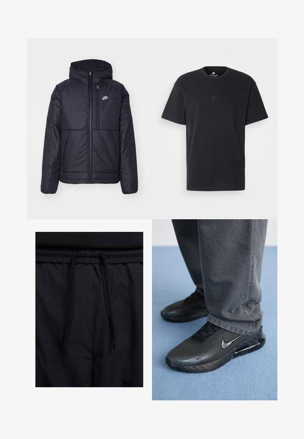 Casaco Nike preto, acolchoado, com fecho à frente e capuz. Apresenta um logo branco no lado esquerdo do peito e dois bolsos frontais. Textura exterior lisa.; T-shirt de algodão preto da Nike com um clássico decote redondo, mangas curtas e um logótipo em relevo discreto no peito. Textura suave.; Calções pretos com um cós elástico ajustável, fabricados em tecido leve com uma textura suave e um design simples, sem logótipos ou padrões visíveis.; Sapatilhas Nike pretas de desporto com um upper texturizado, detalhes perfurados e uma unidade de amortecimento visível, combinadas com calças cinzas.