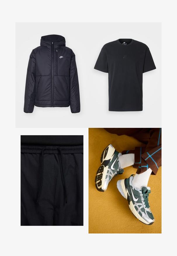 Svart, vadderad Nike-jacka med dragkedja framtill och huva. Har en vit logotyp på vänster bröst och dubbla framfickor. Slät yttextur.; Svart t-shirt i bomull från Nike med klassisk rund halsringning, korta ärmar och en diskret, präglad logotyp på bröstet. Slät textur.; Svarta shorts med dragsko i midjan, lättviktig tyg med en slät yta och en enkel design utan synliga logotyper eller mönster.; Gröna och silverfärgade sportskor med textilöverdel, nätpaneler och gummisulor. Har en vit swoosh och texturerade detaljer.