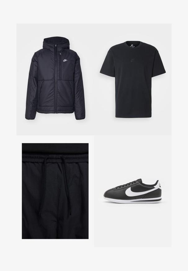 Casaco Nike preto, acolchoado, com fecho à frente e capuz. Apresenta um logo branco no lado esquerdo do peito e dois bolsos frontais. Textura exterior lisa.; T-shirt de algodão preto da Nike com um clássico decote redondo, mangas curtas e um logótipo em relevo discreto no peito. Textura suave.; Calções pretos com um cós elástico ajustável, fabricados em tecido leve com uma textura suave e um design simples, sem logótipos ou padrões visíveis.; Sapatilha de couro preto com um swoosh branco e detalhes. Apresenta um bico arredondado, fecho de atacador e uma sola de borracha texturizada branca.