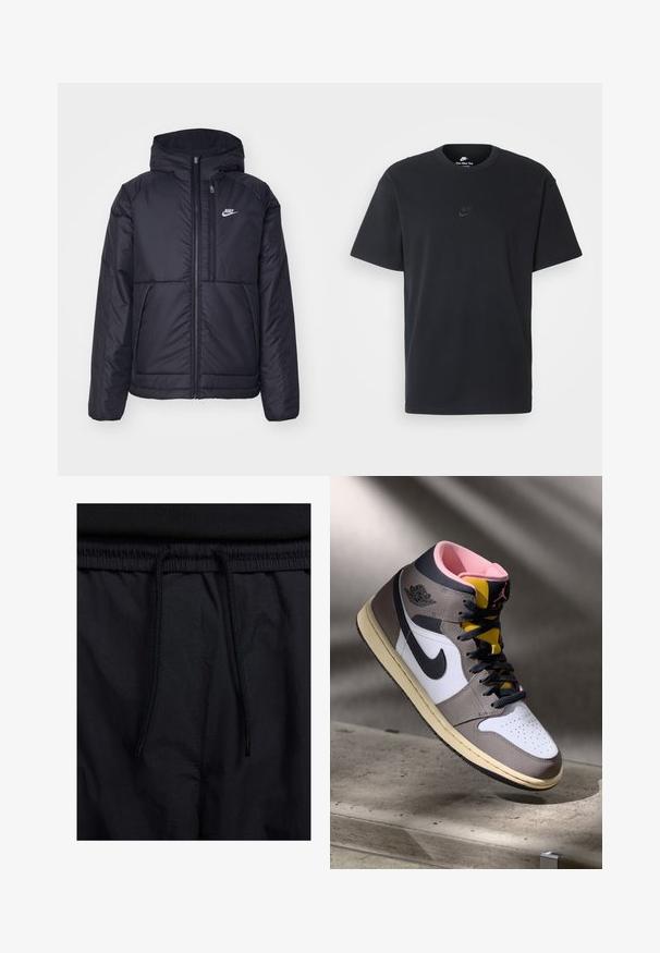 Casaco Nike preto, acolchoado, com fecho à frente e capuz. Apresenta um logo branco no lado esquerdo do peito e dois bolsos frontais. Textura exterior lisa.; T-shirt de algodão preto da Nike com um clássico decote redondo, mangas curtas e um logótipo em relevo discreto no peito. Textura suave.; Calções pretos com um cós elástico ajustável, fabricados em tecido leve com uma textura suave e um design simples, sem logótipos ou padrões visíveis.; Tênis Nike Air Jordan de cano alto em branco, cinza e preto com interior rosa e língua amarela, posicionados sobre uma superfície de concreto.
