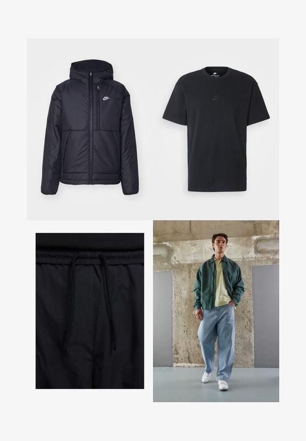 Must musta Nike jope, millel on ees lukuga avamine ja kapuuts. Vasakpoolne rind on kaunistatud valge logoga ning ees on kaks taskut. Sile välimine tekstuur.; Nike musta mustast puuvillast T-särk klassikalise ümmarguse kaelusega, lühikeste varrukatega ja õrna, reljeefse logoga rinnal. Sile tekstuur.; Mustad lühikesed püksid, millel on paelaga vöökoht, kerge kangas, mis on sileda tekstuuriga ning lihtne disain ilma nähtavate logode või mustriteta.; Roheline bomber jaki kerge kollase polo peal, koos laia sinise teksapükste ja valgete tossudega. Siledad kangad, mugav istuvus, minimaalne riistvara.
