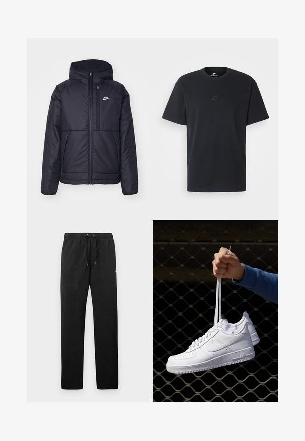 Veste Nike noire rembourrée avec une fermeture éclair sur le devant et une capuche. Elle présente un logo blanc sur la poitrine gauche et deux poches avant. Texture extérieure lisse.; T-shirt en coton noir Nike avec un col rond classique, des manches courtes et un logo embossé subtil sur la poitrine. Texture lisse.; Pantalons de survêtement noirs en polaire, dotés d'une taille élastique avec cordons de serrage, de deux poches avant et d'un petit logo sur la cuisse.; Baskets en cuir blanc avec perforations, à bout rond, semelle plate et lacets épais, arborant un logo swoosh visible et "AIR" sur le talon.