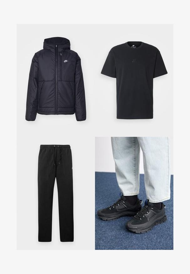 Černá zateplená bunda Nike s předním zipem a kapucí. Na levé straně hrudi má bílé logo a dvojité přední kapsy. Hladký povrch.; Černé bavlněné tričko Nike s klasickým kulatým výstřihem, krátkými rukávy a decentně vyraženým logem na hrudi. Hladký povrch.; Černé teplákové kalhoty vyrobené z fleecu, s elastickým pasem a šňůrkami, dvěma předními kapsami a malým logem na stehně.; Černé sportovní boty s texturovanou tkaninou a gumovou podrážkou, s elastickými tkaničkami a modrým akcentem na patě. Nosí se s světlými džíny.