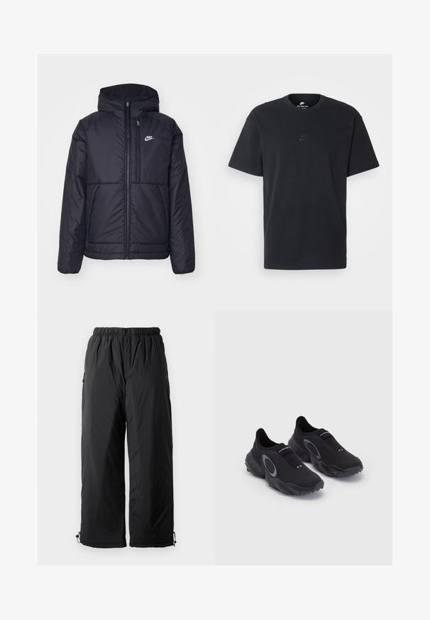 Jachetă Nike neagră, căptușită, cu fermoar pe față și glugă. Prezintă un logo alb pe pieptul stâng și două buzunare frontale. Textură exterioară netedă.; Tricou din bumbac negru Nike, cu guler rotund clasic, mâneci scurte și un logo subtil embosat pe piept. Textură netedă.; Pantaloni insulated negri cu talie elastică, dotati cu buzunare laterale și mansete ajustabile. Material neted cu un finisaj ușor lucios.; Tenisi negri slip-on cu un superior texturat și talpă din cauciuc. Au un accent circular gri și o bandă elastică pe partea instep-ului pentru o potrivire confortabilă.
