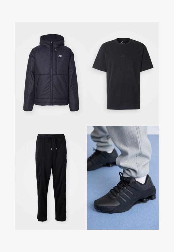 Μαύρο, επενδυμένο μπουφάν Nike με μπροστινό φερμουάρ και κουκούλα. Διαθέτει λευκό λογότυπο στο αριστερό στήθος και διπλές μπροστινές τσέπες. Λείο εξωτερικό υλικό.; Μαύρη βαμβακερή μπλούζα Nike με κλασικό στρογγυλό λαιμό, κοντά μανίκια και μια διακριτική, ανάγλυφη λογότυπο στο στήθος. Λείο ύφασμα.; Μαύρο παντελόνι casual με ρυθμιζόμενη μέση και πλευρικές τσέπες, κανονική γραμμή σε απλό φόντο.; Άτομο που φοράει μαύρα Nike Shox sneakers και γκρι φόρμες, στέκεται πάνω σε ανοιχτό μπλε χαλί.