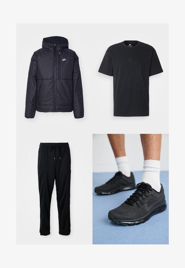 Svart, vadderad Nike-jacka med dragkedja framtill och huva. Har en vit logotyp på vänster bröst och dubbla framfickor. Slät yttextur.; Svart t-shirt i bomull från Nike med klassisk rund halsringning, korta ärmar och en diskret, präglad logotyp på bröstet. Slät textur.; Svarta byxor med dragsko i midjan, avslappnad stil, med sidfickor och rak benklippning på en plain bakgrund.; Svarta atletiska skor med mesh-övre, vadderad krage, helt svarta snören och en tjock dämpad sula. Bärs med vita ribbade strumpor.
