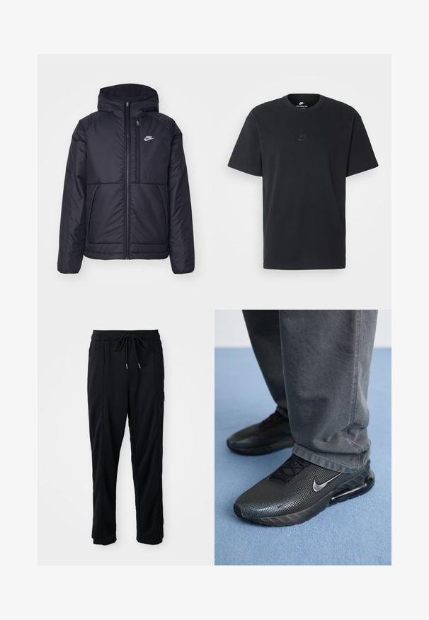 Must musta Nike jope, millel on ees lukuga avamine ja kapuuts. Vasakpoolne rind on kaunistatud valge logoga ning ees on kaks taskut. Sile välimine tekstuur.; Nike musta mustast puuvillast T-särk klassikalise ümmarguse kaelusega, lühikeste varrukatega ja õrna, reljeefse logoga rinnal. Sile tekstuur.; Mustad nööridega vööga igapäevased mustad püksid, külgseamipocketid ja sirge sääre lõikega, ühtlasel taustal.; Mustad mustad Nike spordijalatsid, millel on tekstureeritud pealse osa, perforeeritud detailsus ja nähtav õhuamortisüsteem, koos hallide pükstega.