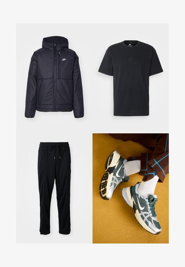 Svart, vadderad Nike-jacka med dragkedja framtill och huva. Har en vit logotyp på vänster bröst och dubbla framfickor. Slät yttextur.; Svart t-shirt i bomull från Nike med klassisk rund halsringning, korta ärmar och en diskret, präglad logotyp på bröstet. Slät textur.; Svarta byxor med dragsko i midjan, avslappnad stil, med sidfickor och rak benklippning på en plain bakgrund.; Gröna och silverfärgade sportskor med textilöverdel, nätpaneler och gummisulor. Har en vit swoosh och texturerade detaljer.